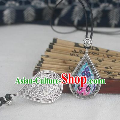 Chinese Traditional Miao Sliver Embroidered Blue Necklace Traditional Hmong Necklet for Women