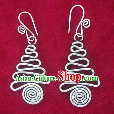 Chinese Traditional Miao Sliver Earrings Traditional Hmong Wedding Eardrop for Women