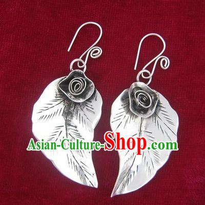 Chinese Miao Sliver Ornaments Flower Earrings Traditional Hmong Eardrop for Women