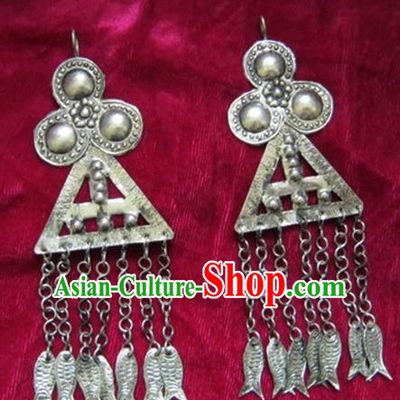 Chinese Handmade Miao Sliver Tassel Earrings Hmong Nationality Eardrop Pendant for Women