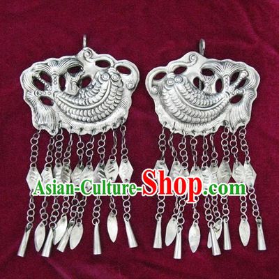 Chinese Miao Sliver Ornaments Carving Fish Earrings Traditional Hmong Tassel Eardrop for Women