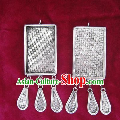 Chinese Miao Sliver Earrings Ornaments Traditional Hmong Sliver Tassel Eardrop for Women