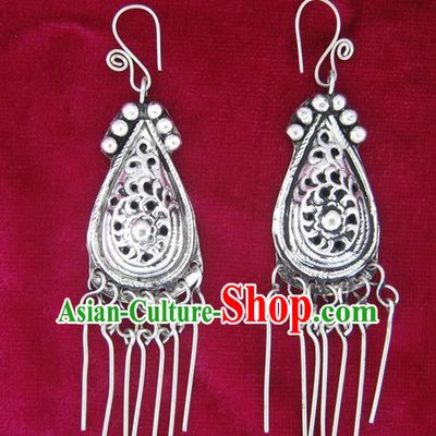Chinese Miao Sliver Tassel Earrings Ornaments Traditional Hmong Sliver Eardrop for Women