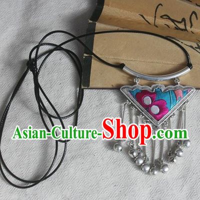 Chinese Miao Sliver Bells Tassel Sweater Chain Ornaments Traditional Hmong Embroidered Blue Necklace for Women