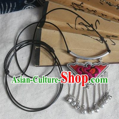 Chinese Miao Sliver Bells Tassel Sweater Chain Ornaments Traditional Hmong Embroidered Red Necklace for Women