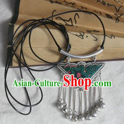 Chinese Miao Sliver Bells Tassel Sweater Chain Ornaments Traditional Hmong Embroidered Necklace for Women