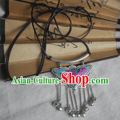 Chinese Miao Sliver Bells Tassel Sweater Chain Ornaments Traditional Hmong Embroidered Blue Necklace for Women