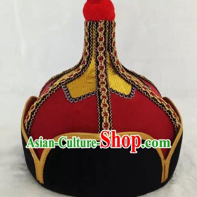 Chinese Traditional Mongol Stage Performance Red Hats, Mongolian Folk Dance Headwear for Men