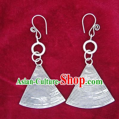 Chinese Miao Sliver Eardrop Ornaments Traditional Hmong Carving Sliver Earrings for Women