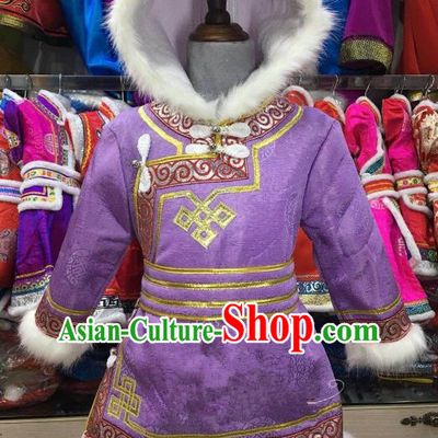 Chinese Traditional Girls Purple Mongolian Robe, China Mongolian Minority Folk Dance Ethnic Costume for Kids