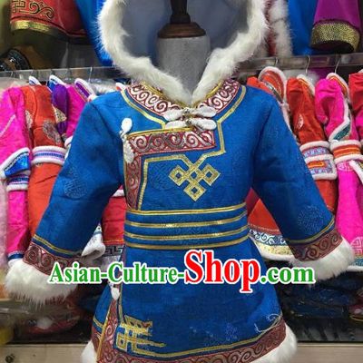 Chinese Traditional Girls Blue Mongolian Robe, China Mongolian Minority Folk Dance Ethnic Costume for Kids