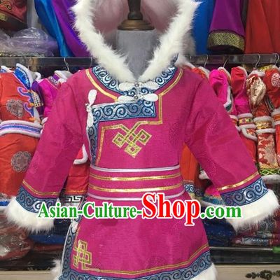 Chinese Traditional Girls Rosy Mongolian Robe, China Mongolian Minority Folk Dance Ethnic Costume for Kids