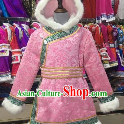 Chinese Traditional Mongol Nationality Girls Pink Mongolian Robe, China Mongolian Minority Folk Dance Ethnic Costume for Kids