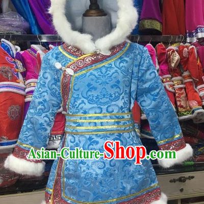 Chinese Traditional Mongol Nationality Girls Blue Mongolian Robe, China Mongolian Minority Folk Dance Ethnic Costume for Kids