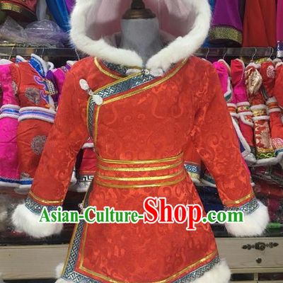 Chinese Traditional Mongol Nationality Girls Red Mongolian Robe, China Mongolian Minority Folk Dance Ethnic Costume for Kids