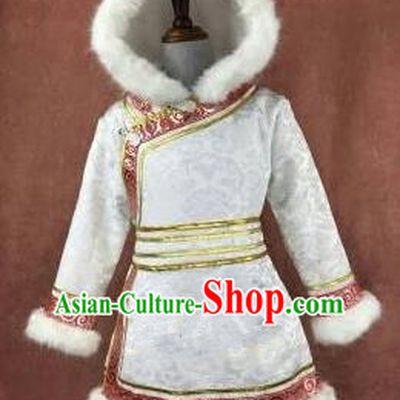 Chinese Traditional Mongol Nationality Girls White Mongolian Robe, China Mongolian Minority Folk Dance Ethnic Costume for Kids