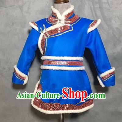 Chinese Traditional Mongol Nationality Boys Blue Mongolian Robe, China Mongolian Minority Folk Dance Ethnic Costume for Kids