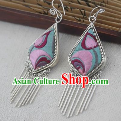 Traditional Chinese Miao Sliver Embroidered Earrings Ornaments Hmong Sliver Eardrop for Women