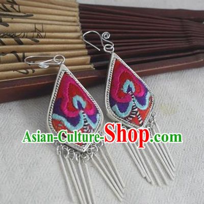 Traditional Chinese Miao Sliver Embroidered Rosy Flower Earrings Ornaments Hmong Sliver Eardrop for Women
