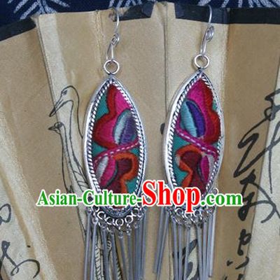 Traditional Chinese Miao Sliver Earrings Ornaments Hmong Sliver Embroidered Eardrop for Women