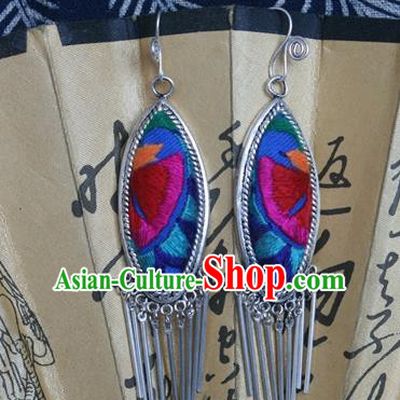 Traditional Chinese Miao Sliver Earrings Ornaments Hmong Embroidered Blue Eardrop for Women