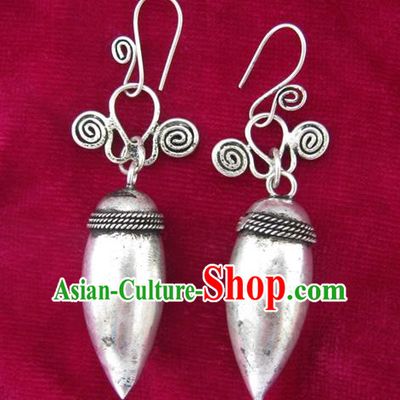 Chinese Miao Sliver Eardrop Ornaments Traditional Hmong Sliver Earrings for Women