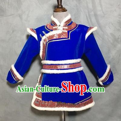 Chinese Traditional Mongol Nationality Boys Royalblue Mongolian Robe, China Mongolian Minority Folk Dance Ethnic Costume for Kids