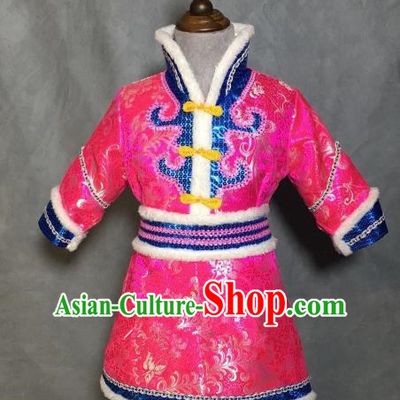 Chinese Traditional Mongol Nationality Pink Mongolian Robe, China Mongolian Minority Folk Dance Ethnic Costume for Kids
