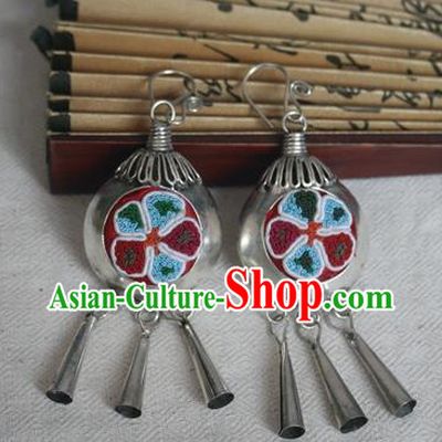Traditional Chinese Miao Sliver Embroidered Earrings Hmong Ornaments Tassel Eardrop for Women
