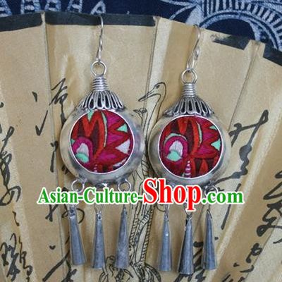 Traditional Chinese Miao Sliver Embroidered Red Earrings Hmong Ornaments Tassel Eardrop for Women