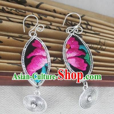 Chinese Miao Sliver Traditional Embroidered Lotus Earrings Hmong Ornaments Minority Headwear for Women