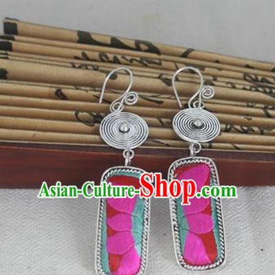 Chinese Miao Sliver Traditional Embroidered Lotus Earrings Hmong Ornaments Minority Headwear for Women