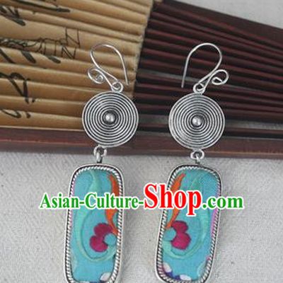 Chinese Miao Sliver Traditional Embroidered Green Earrings Hmong Ornaments Minority Headwear for Women