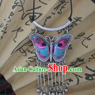 Chinese Miao Sliver Traditional Embroidered Butterfly Necklace Hmong Ornaments Minority Headwear for Women