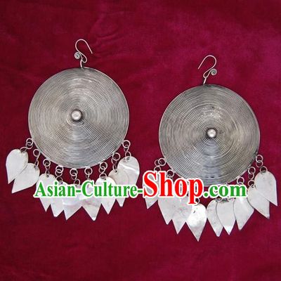 Traditional Chinese Miao Sliver Eardrop Ornaments Hmong Sliver Earrings for Women