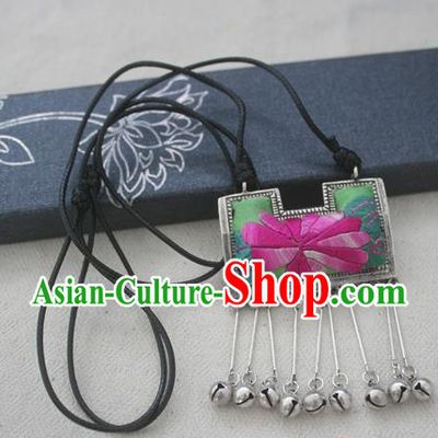 Chinese Miao Sliver Traditional Embroidered Green Necklace Hmong Ornaments Minority Longevity Lock Headwear for Women