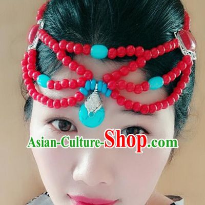 Chinese Traditional Mongol Stage Performance Hair Accessories, Mongolian Folk Dance Red Beads Hair Clasp Headwear for Women
