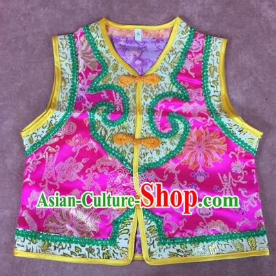 Chinese Traditional Mongol Nationality Pink Vest, China Mongolian Minority Folk Dance Waistcoat Ethnic Costume for Kids