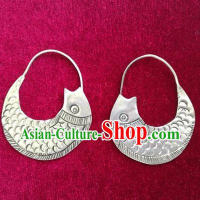 Traditional Chinese Miao Sliver Fishes Earrings Hmong Ornaments Minority Eardrop for Women