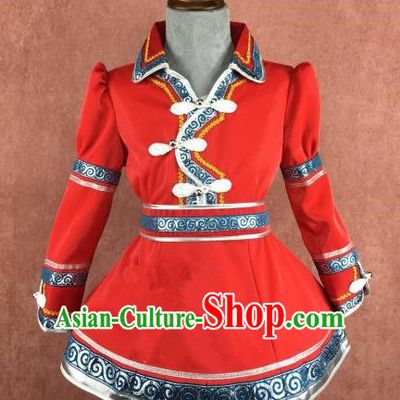 Chinese Traditional Girls Red Mongolian Robe Ethnic Costume, China Mongolian Minority Folk Dance Clothing for Kids