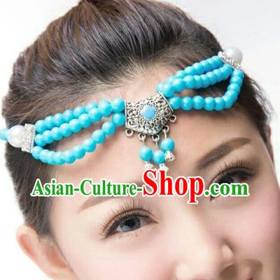 Chinese Traditional Mongol Stage Performance Blue Beads Hair Accessories, Mongolian Folk Dance Headwear for Women