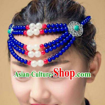 Chinese Traditional Mongol Stage Performance Hair Accessories, Mongolian Folk Dance Blue Beads Headwear for Women