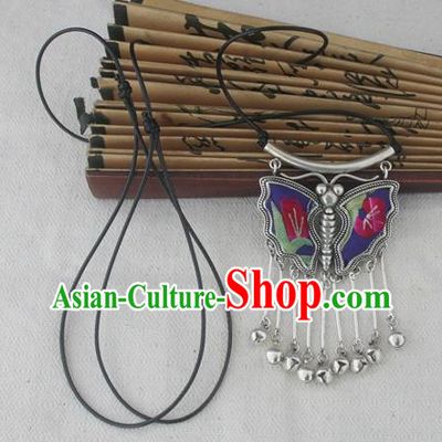 Chinese Miao Sliver Traditional Butterfly Bells Tassel Necklace Hmong Ornaments Minority Embroidered Longevity Lock Headwear for Women