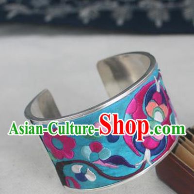 Handmade Chinese Miao Nationality Embroidered Blue Bracelet Traditional Hmong Sliver Bangle for Women
