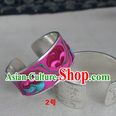 Handmade Chinese Miao Nationality Rosy Embroidered Flowers Sliver Bracelet Traditional Hmong Bangle for Women