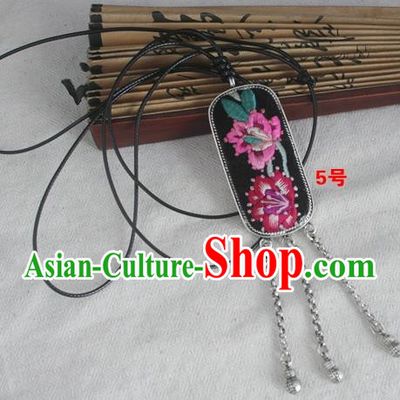 Chinese Miao Sliver Traditional Embroidered Flowers Black Necklace Hmong Ornaments Minority Embroidered Longevity Lock Headwear for Women