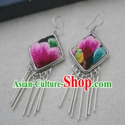 Chinese Traditional Miao Sliver Earrings Hmong Ornaments Accessories Minority Embroidered Flower Eardrop for Women