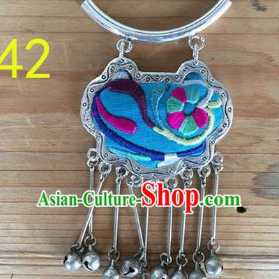 Chinese Traditional Miao Sliver Ornaments Accessories Longevity Lock Blue Necklace Pendant for Women
