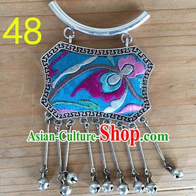 Chinese Traditional Miao Sliver Ornaments Accessories Longevity Lock Embroidered Blue Necklace Pendant for Women