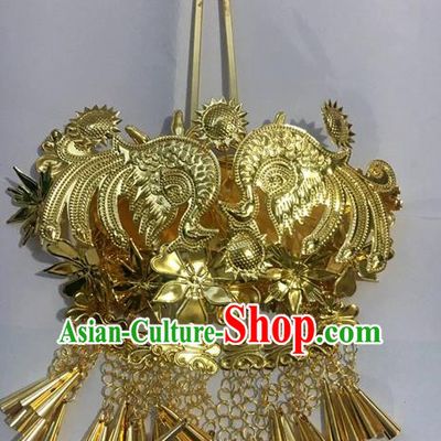 Traditional Chinese Miao Nationality Hanfu Golden Bells Tassel Hairpins Hair Accessories for Women